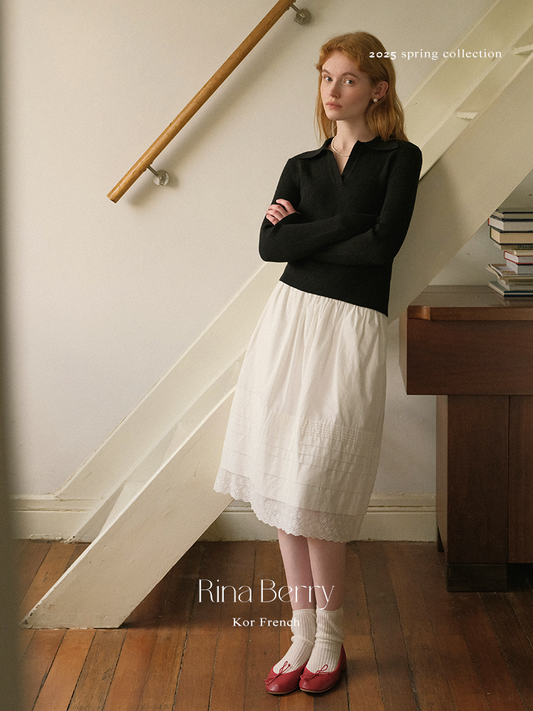 Open Collar Fitted Rib Knit Top