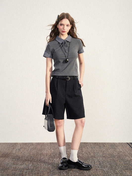 Gingham Collar Faux-Layered Knit Top