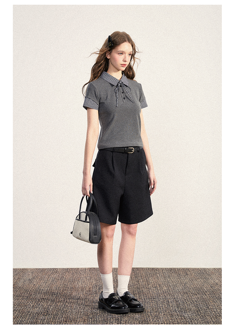 Gingham Collar Faux-Layered Knit Top