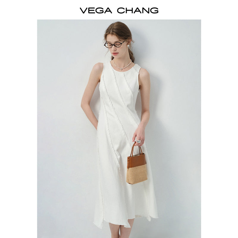Diagonal Trim Sleeveless Midi Dress