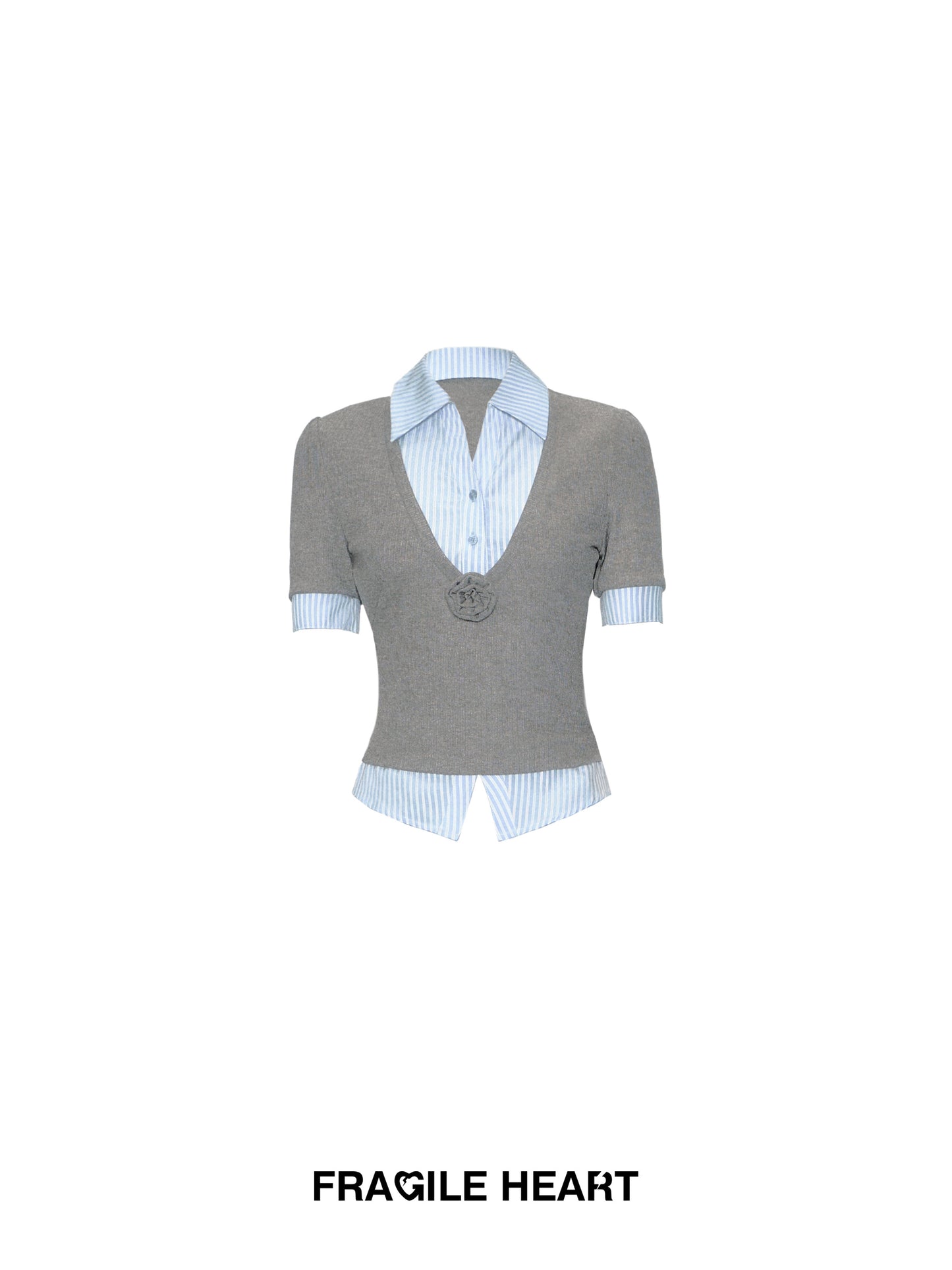 2-In-1 V-Neck Knit Top With Layered Striped Shirt