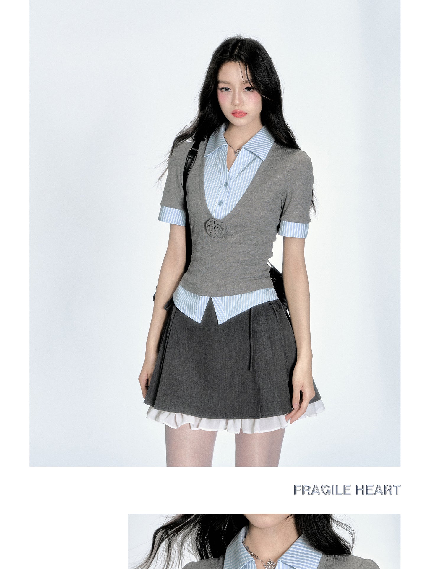 2-In-1 V-Neck Knit Top With Layered Striped Shirt