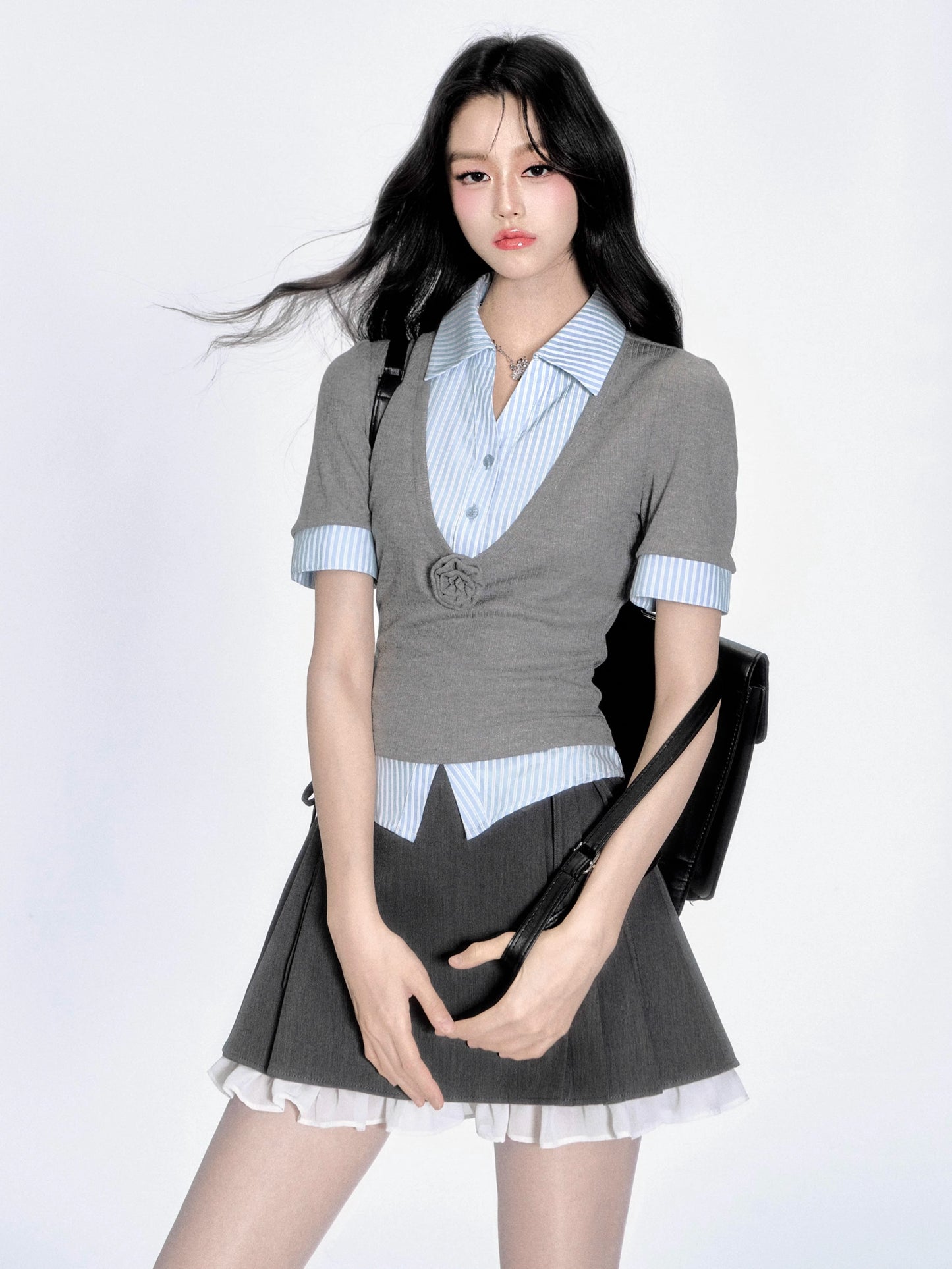 2-In-1 V-Neck Knit Top With Layered Striped Shirt