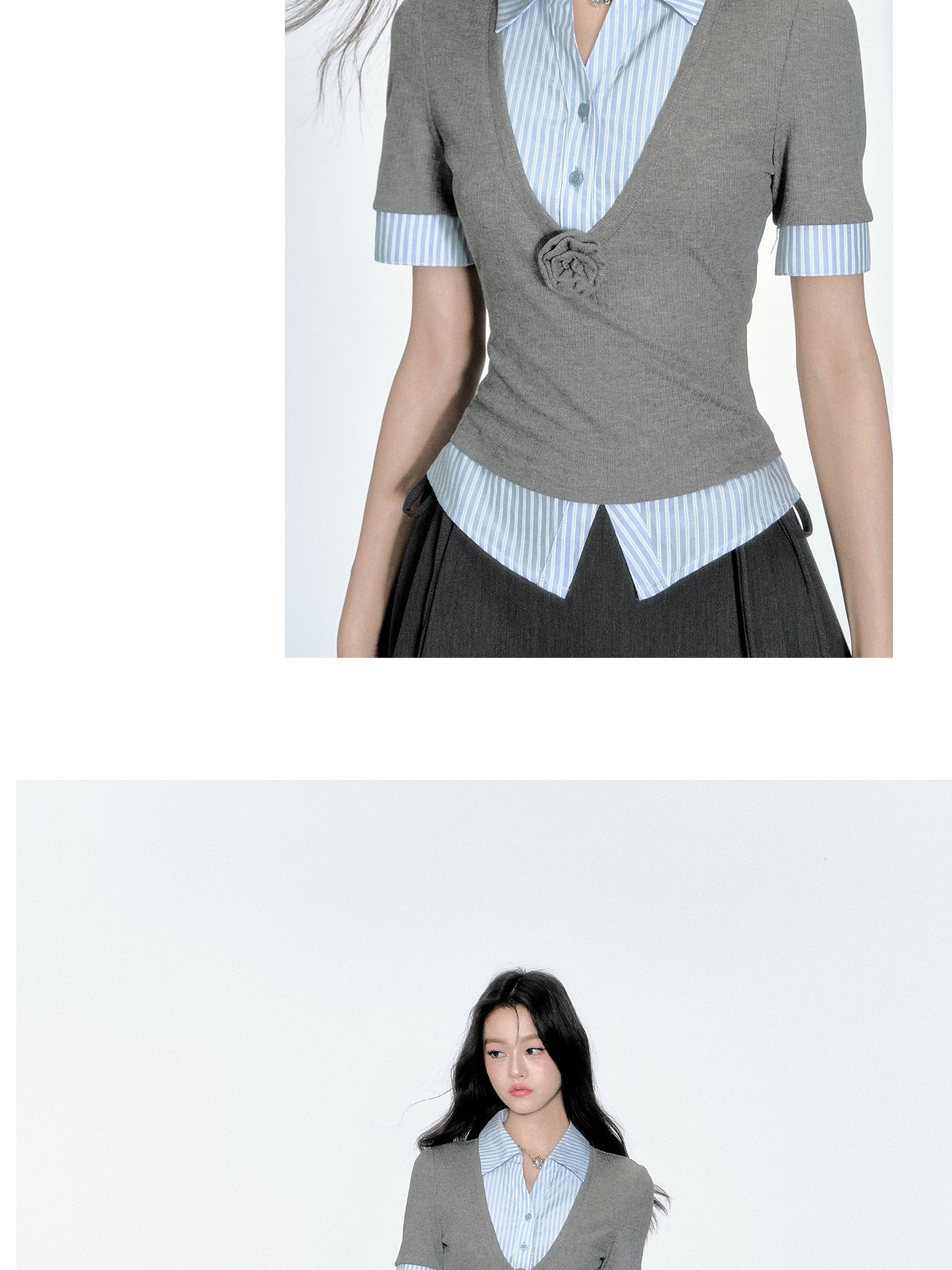 2-In-1 V-Neck Knit Top With Layered Striped Shirt