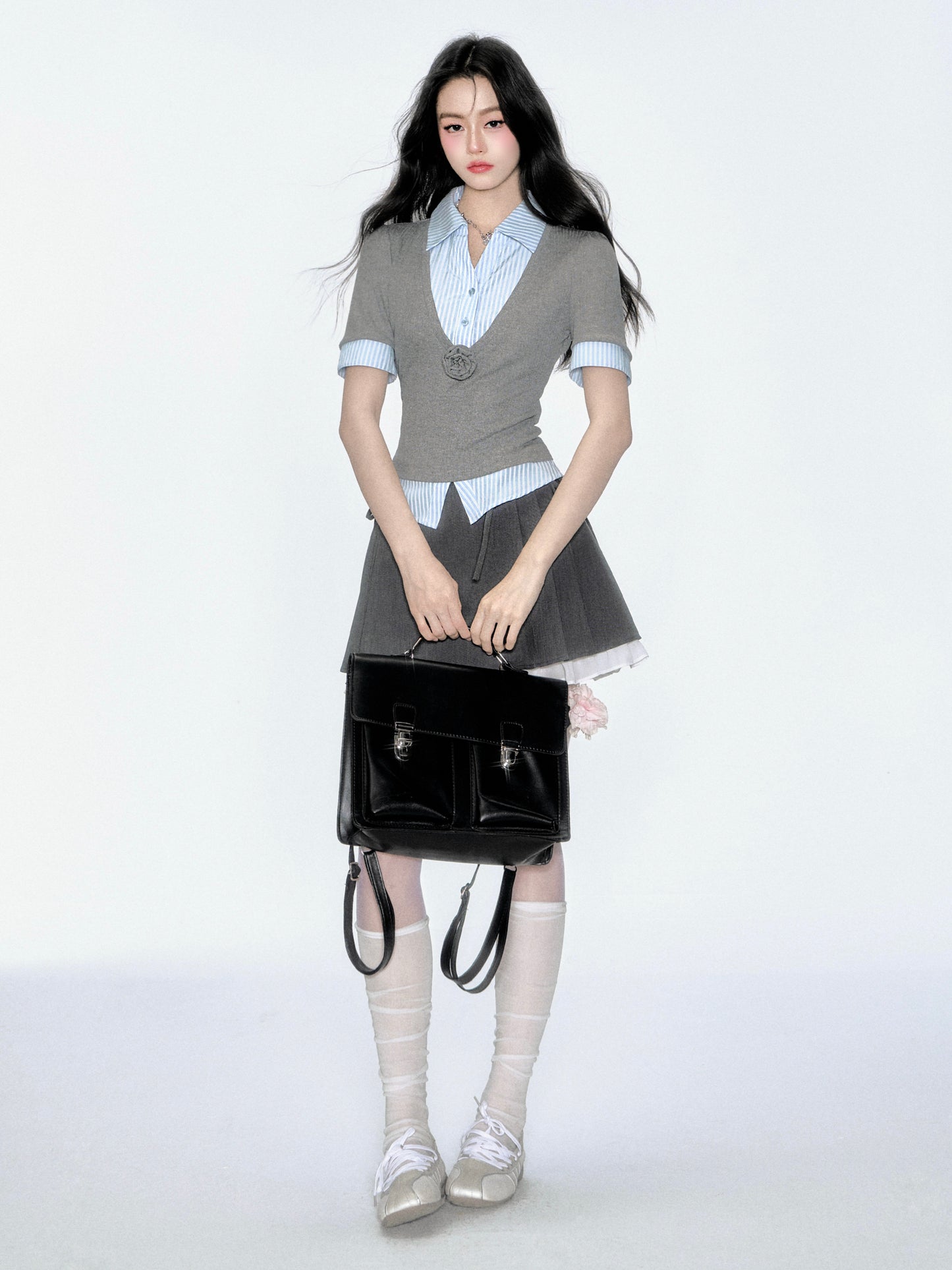 2-In-1 V-Neck Knit Top With Layered Striped Shirt