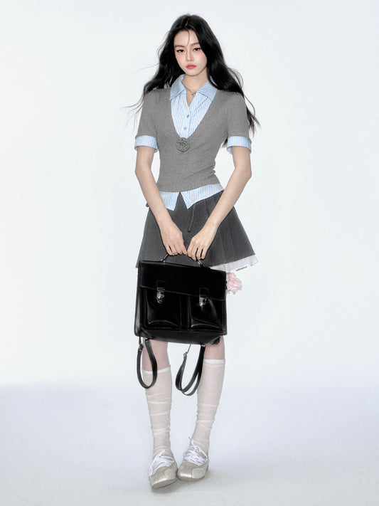 2-In-1 V-Neck Knit Top With Layered Striped Shirt