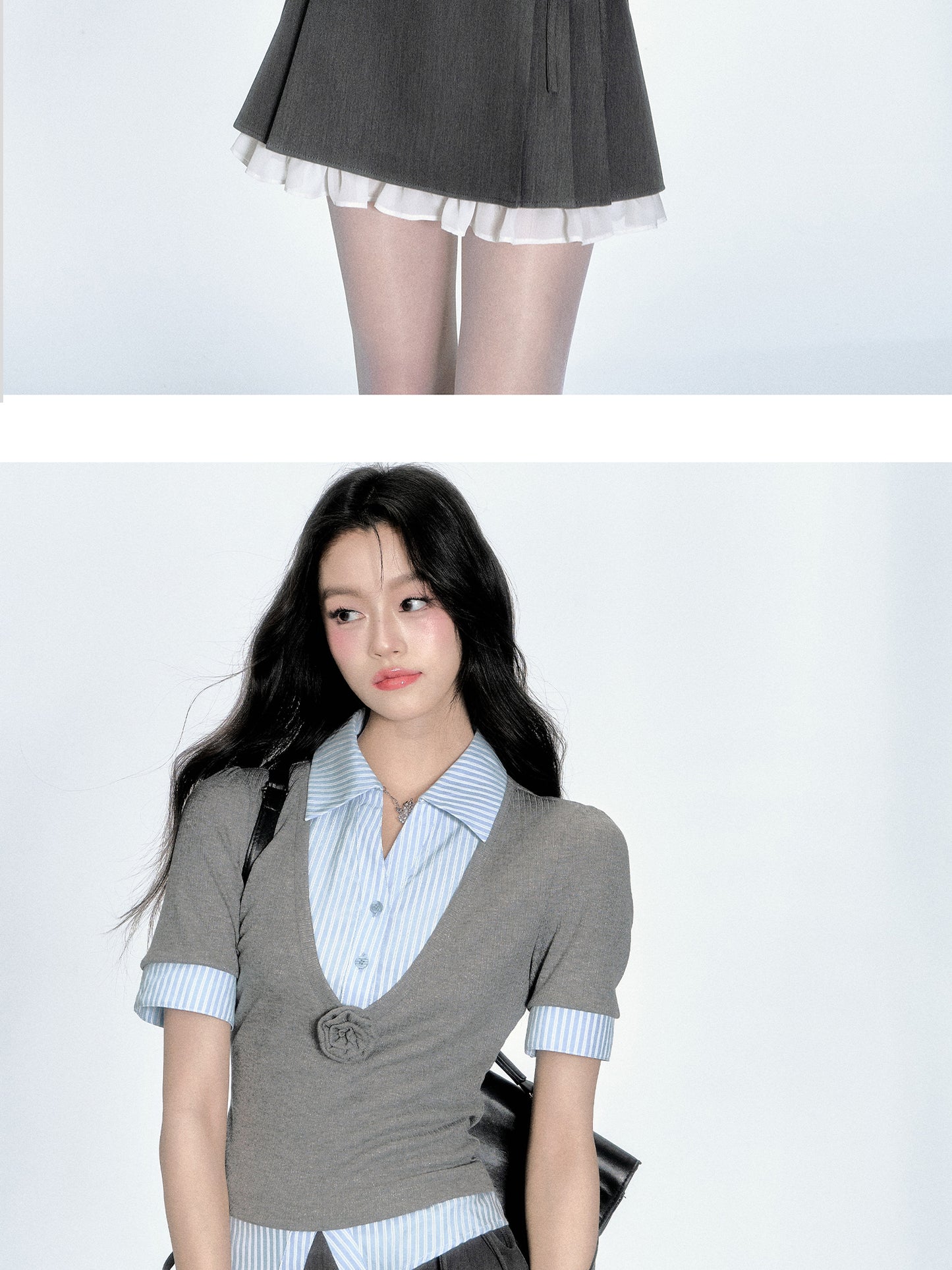 2-In-1 V-Neck Knit Top With Layered Striped Shirt