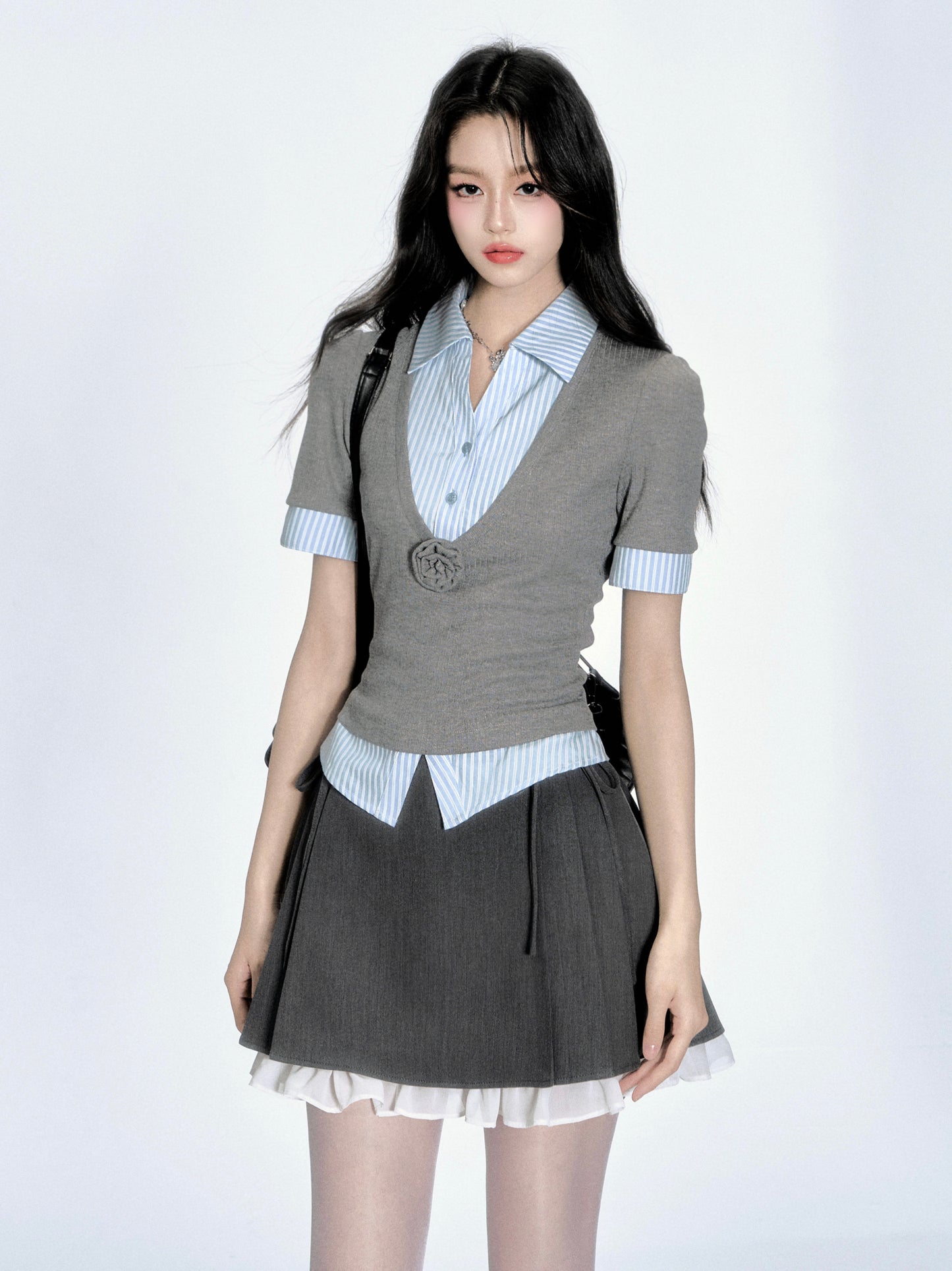 2-In-1 V-Neck Knit Top With Layered Striped Shirt