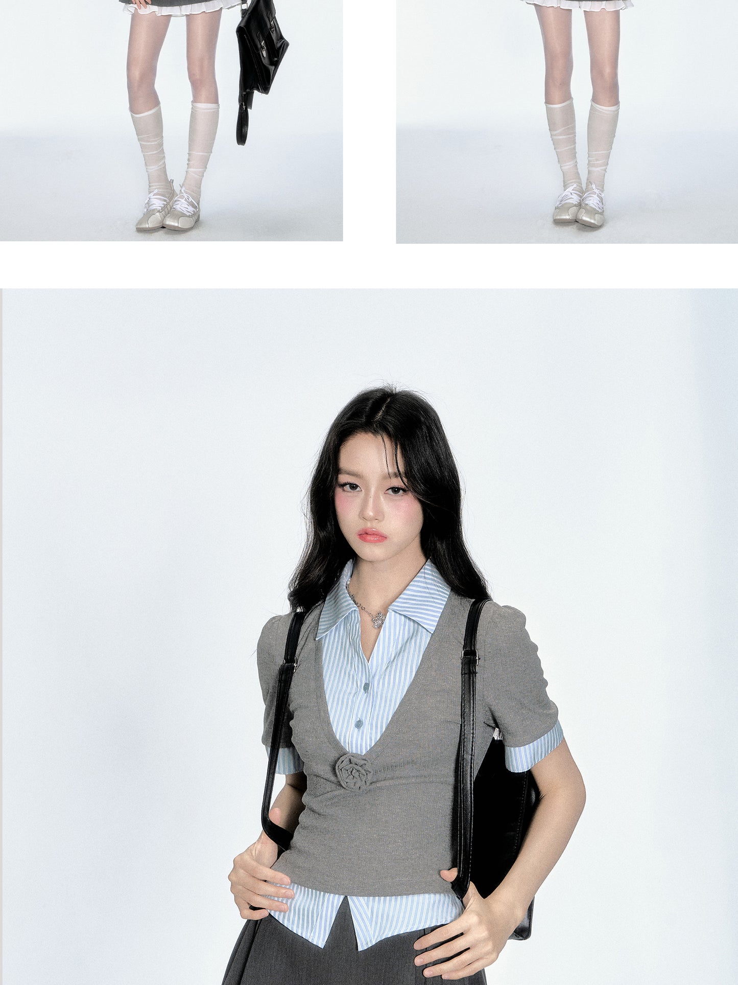 2-In-1 V-Neck Knit Top With Layered Striped Shirt