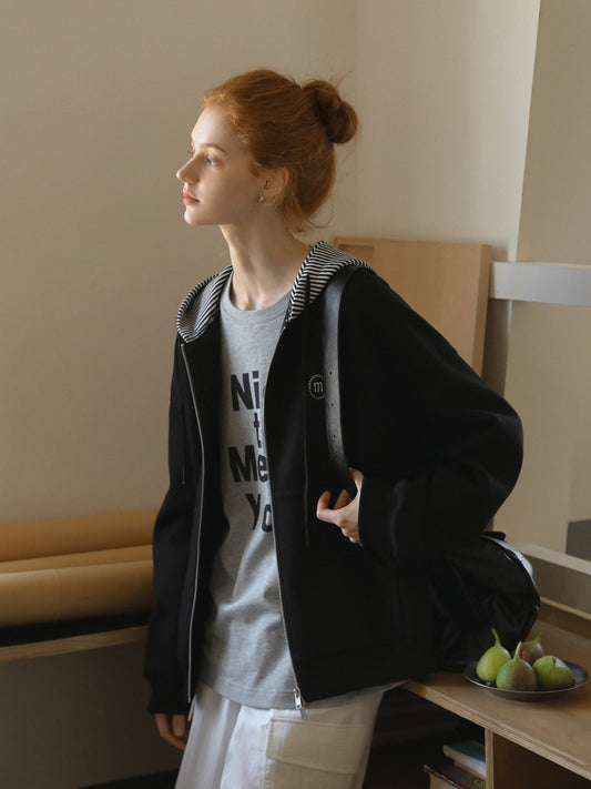 Striped-Hood Zip-Up Sweatshirt