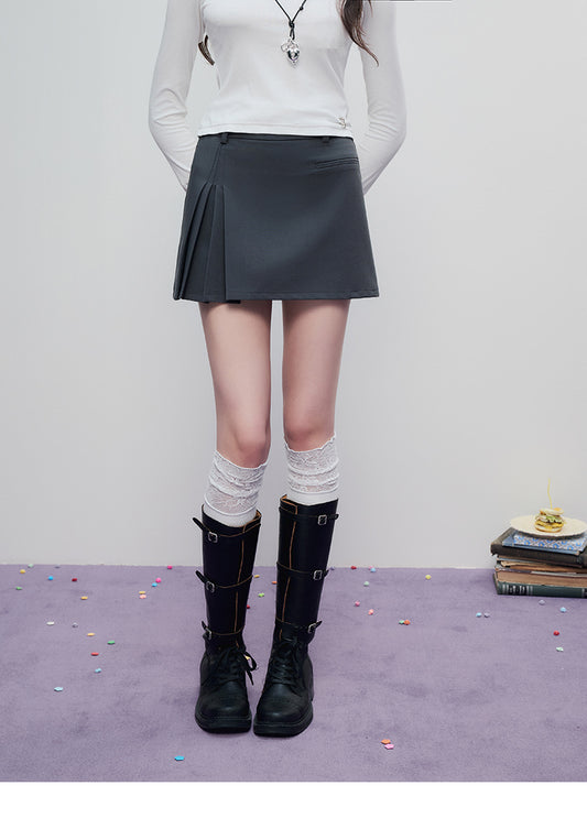 One-Side Pleated Zip-Up Mini Skirt