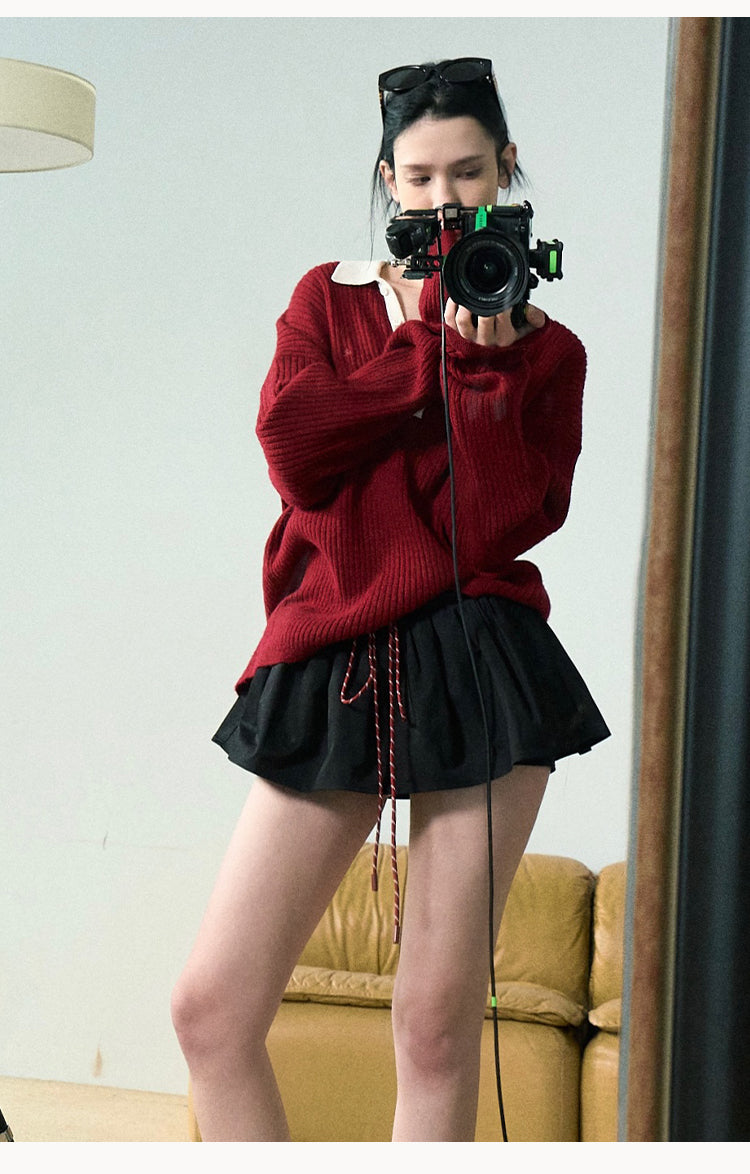 Oversized Rib-Knit Wool-Blend Polo Sweater