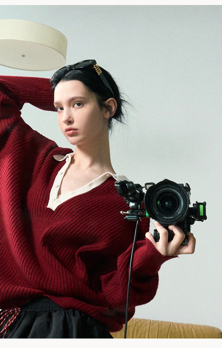 Oversized Rib-Knit Wool-Blend Polo Sweater