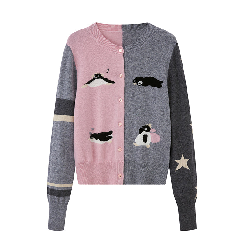 Colorblock Penguin Knit Cardigan