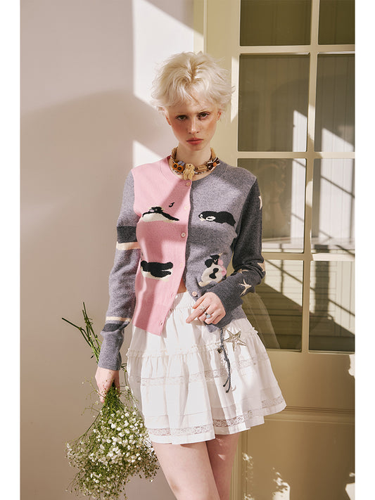 Colorblock Penguin Knit Cardigan