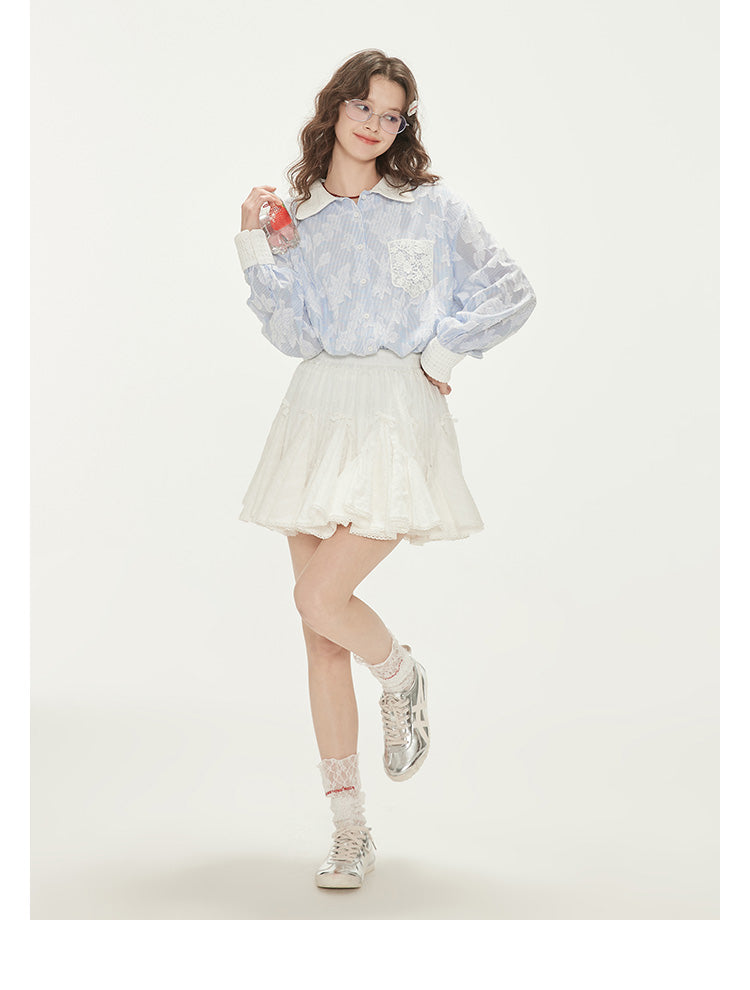 Lace-Bow Crinkled Cotton Volume Skirt