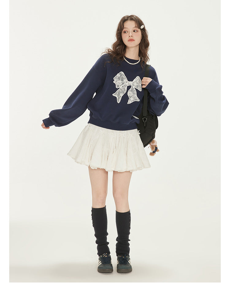 Lace-Bow Crinkled Cotton Volume Skirt