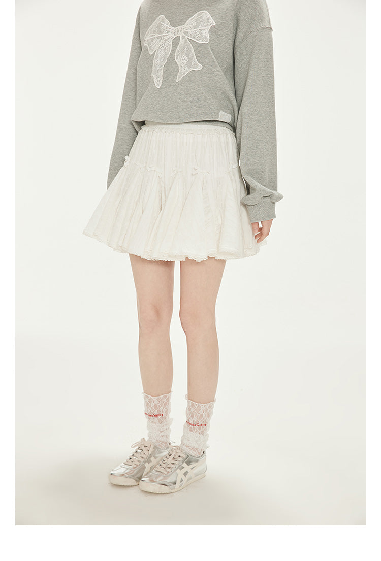 Lace-Bow Crinkled Cotton Volume Skirt