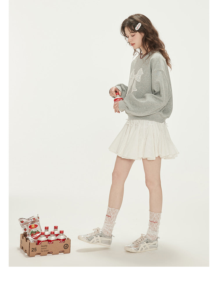 Lace-Bow Crinkled Cotton Volume Skirt