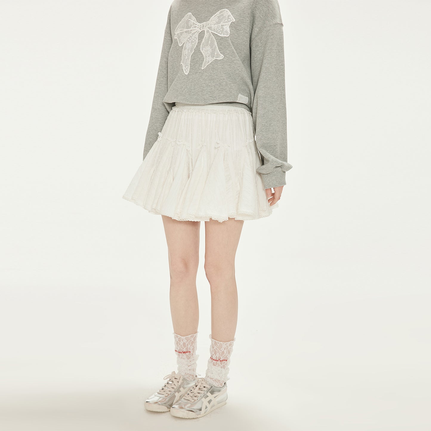 Lace-Bow Crinkled Cotton Volume Skirt