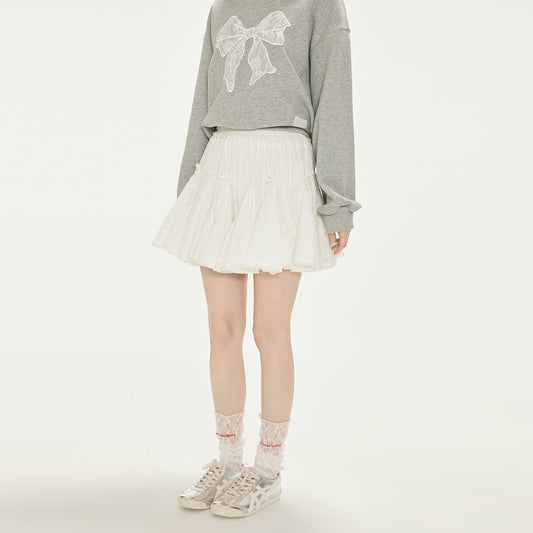 Lace-Bow Crinkled Cotton Volume Skirt