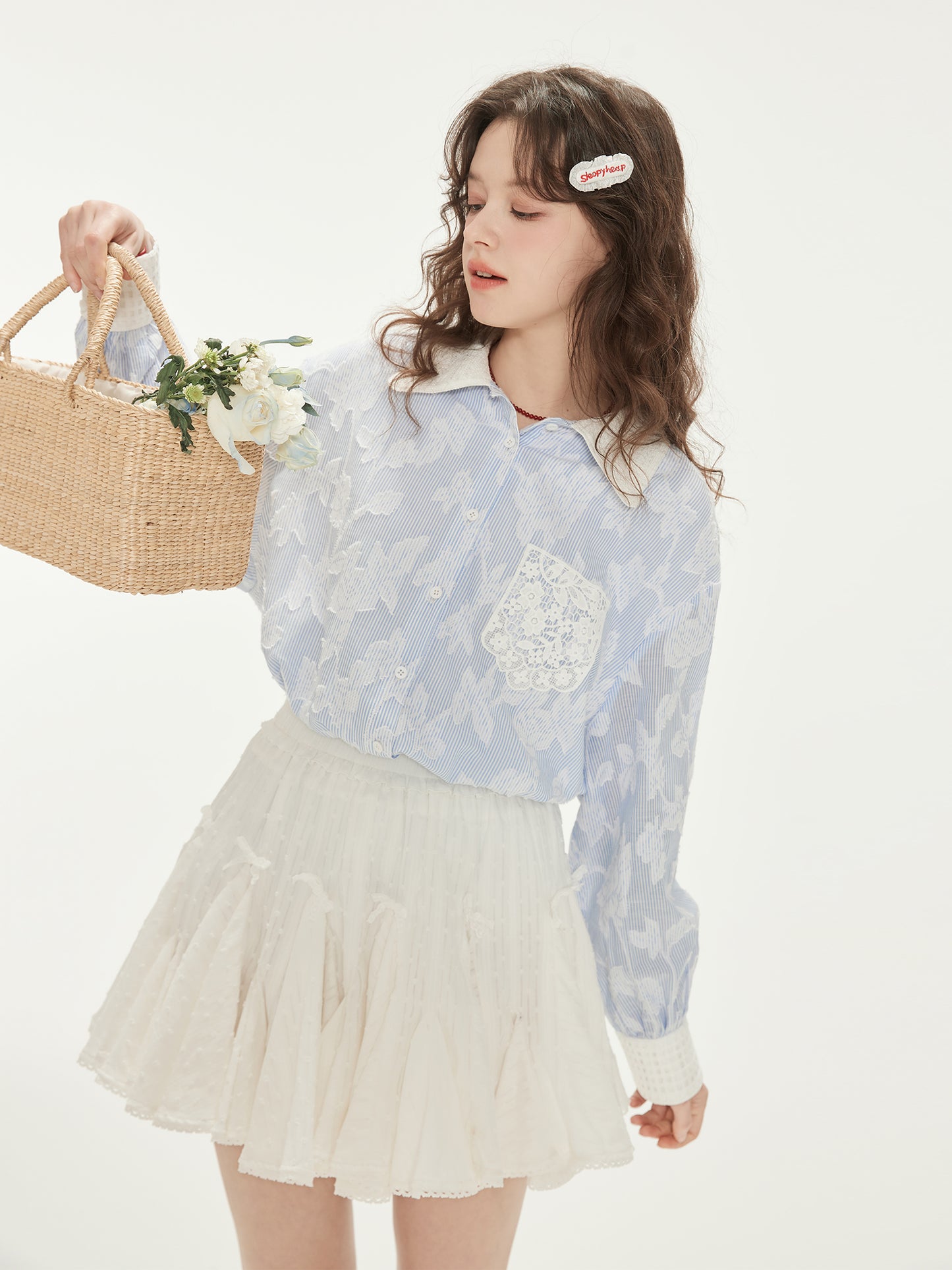 Lace-Bow Crinkled Cotton Volume Skirt