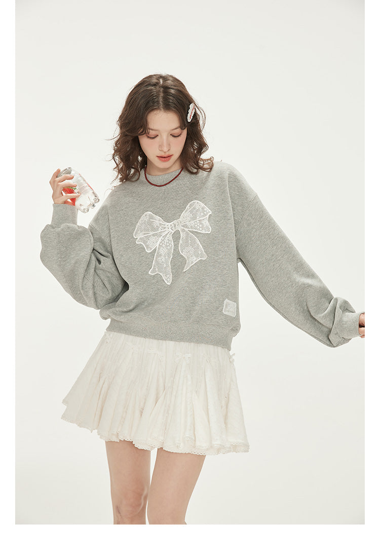 Lace-Bow Crinkled Cotton Volume Skirt