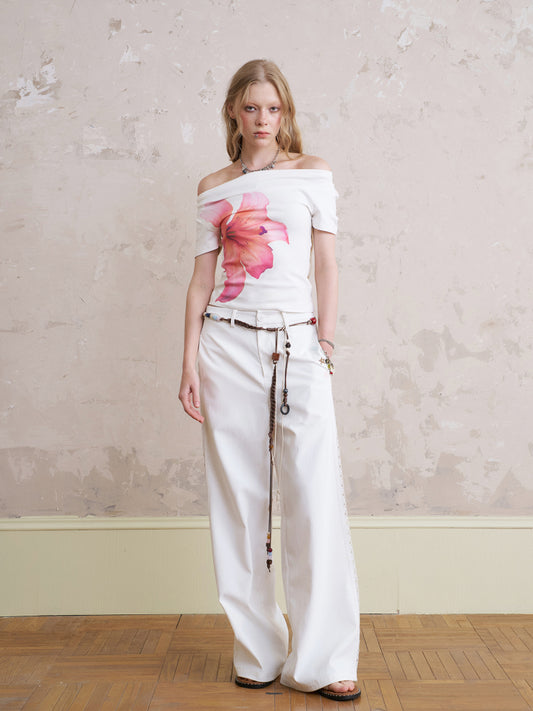Off-Shoulder T-Shirt With Large Flower Print