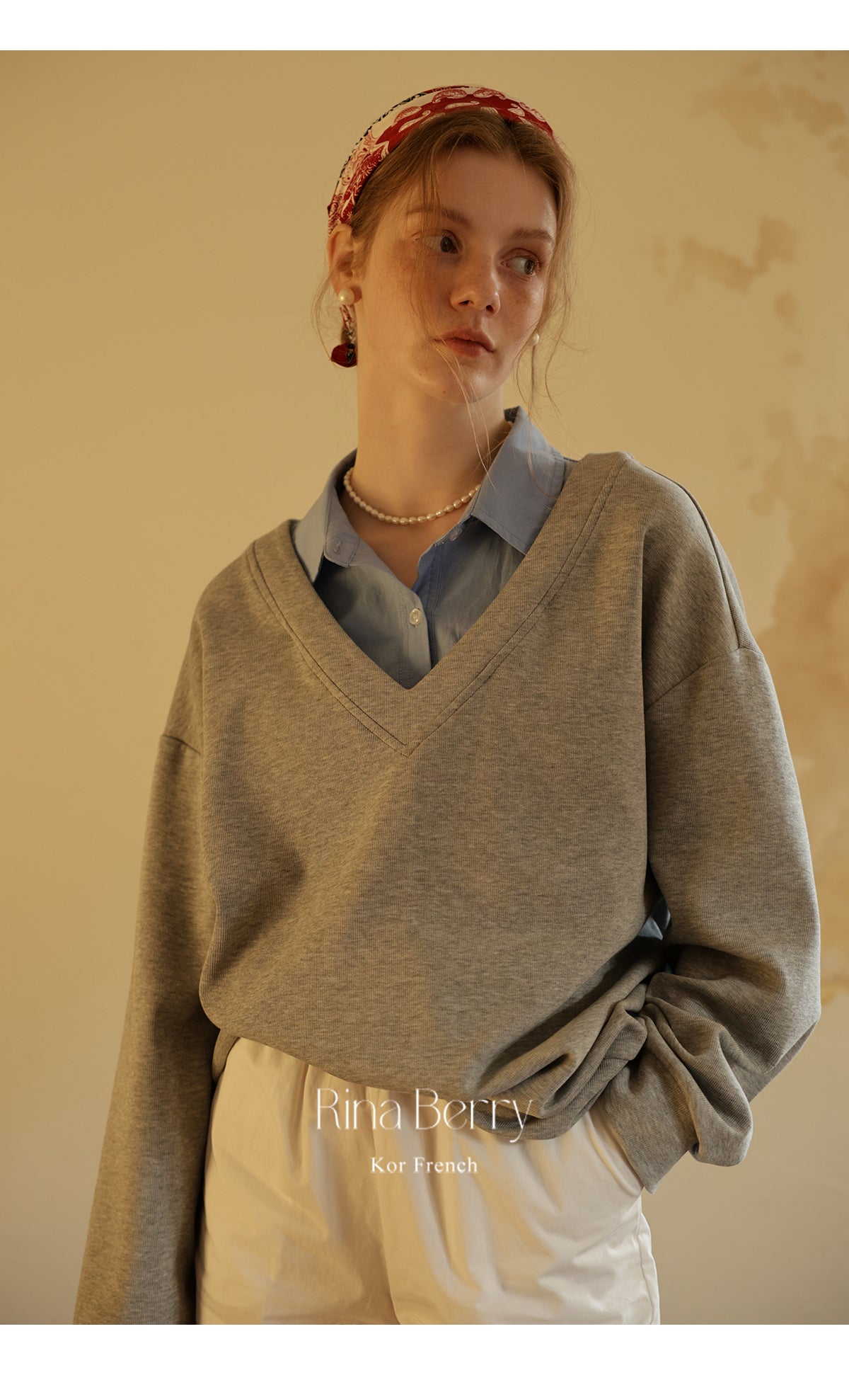 Relaxed V-Neck Cotton Blend Pullover