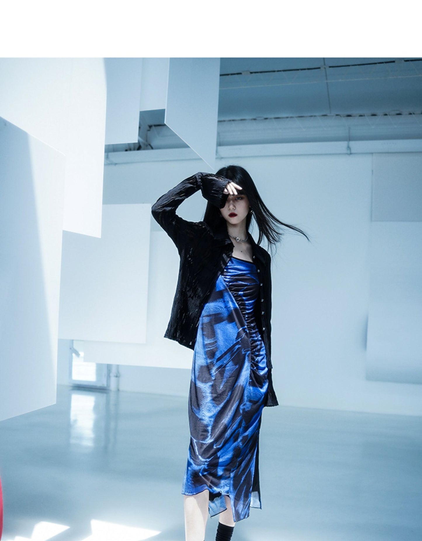 Ruched Printed Dress With Asymmetric Chain Detail Strap