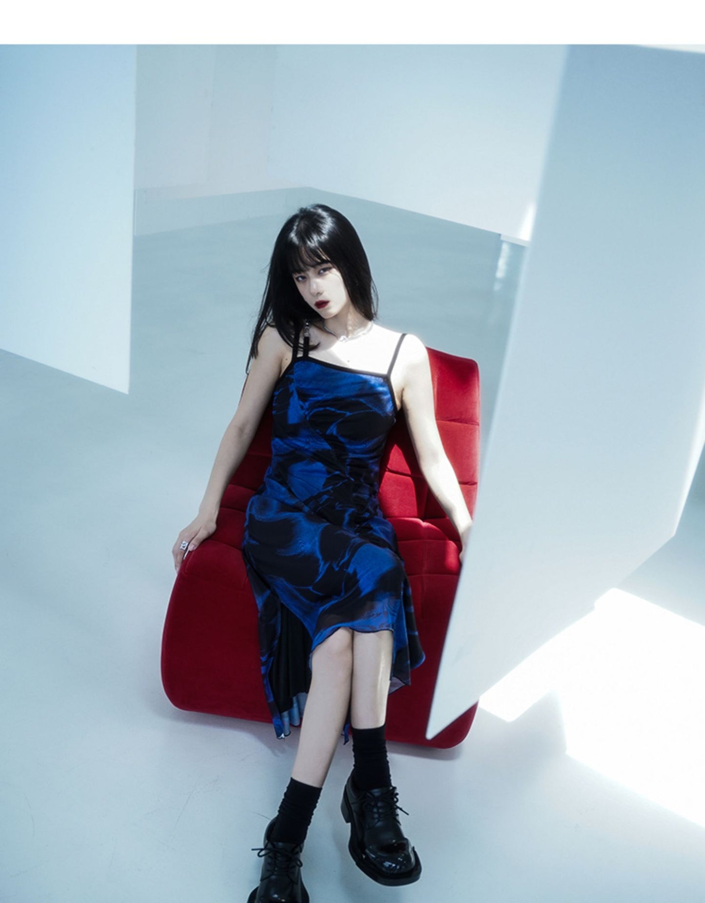 Ruched Printed Dress With Asymmetric Chain Detail Strap