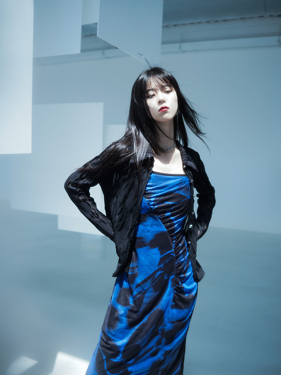 Ruched Printed Dress With Asymmetric Chain Detail Strap