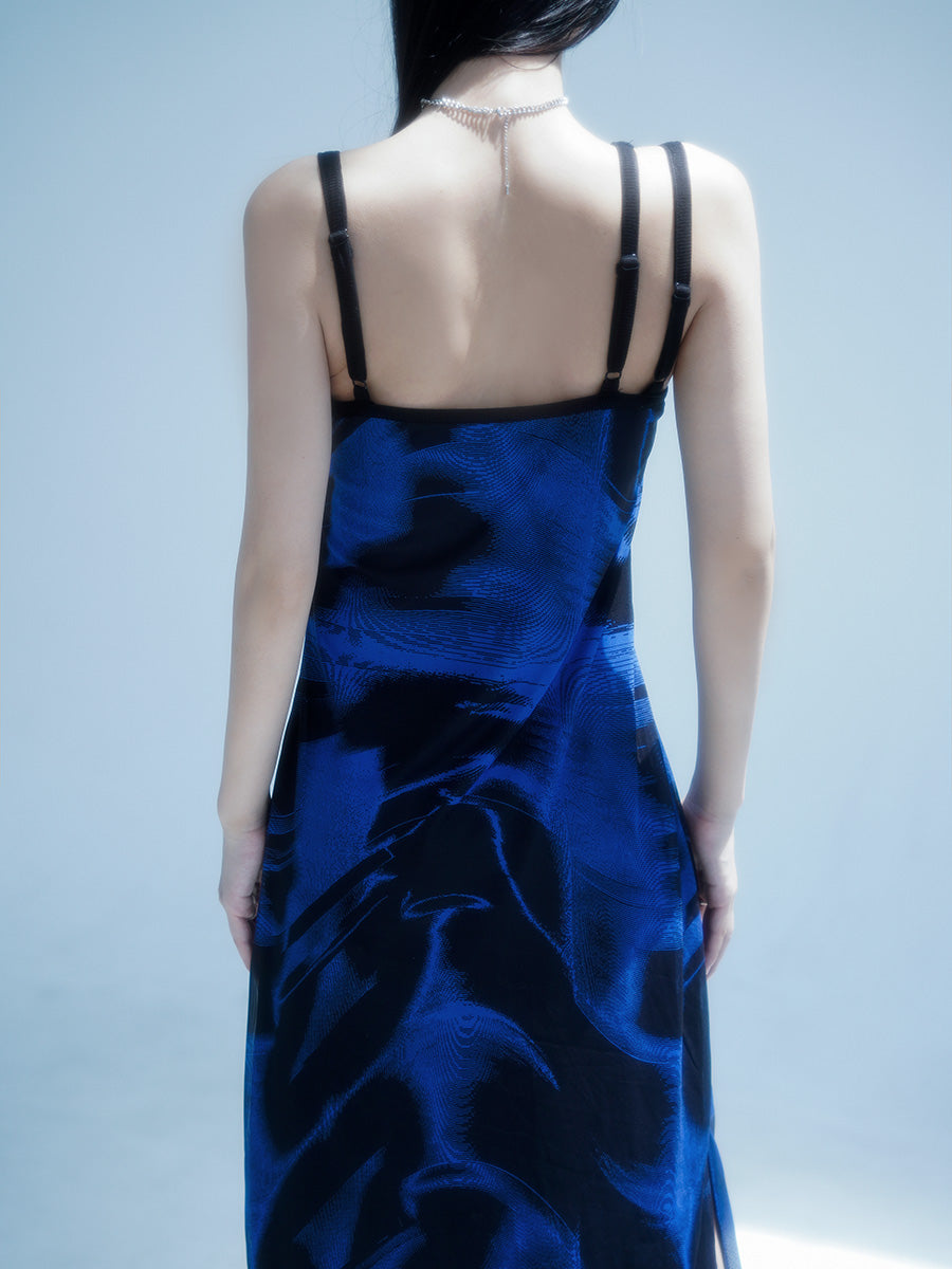 Ruched Printed Dress With Asymmetric Chain Detail Strap