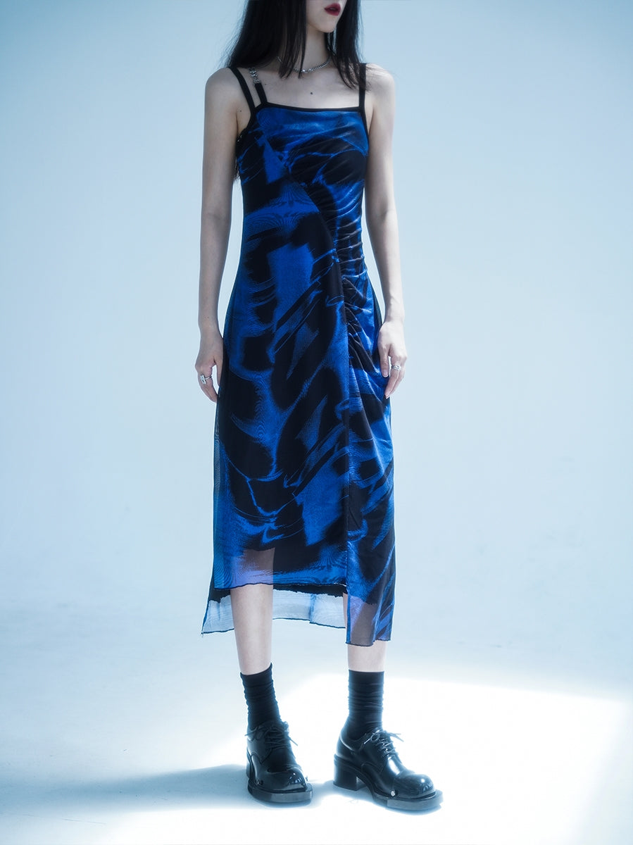 Ruched Printed Dress With Asymmetric Chain Detail Strap