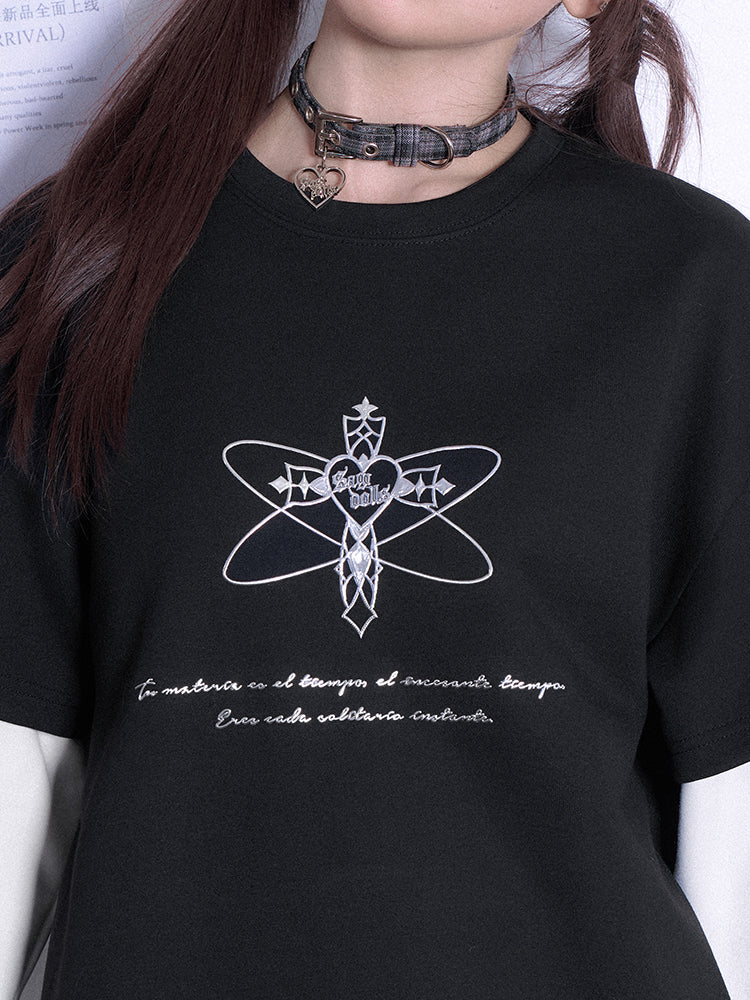 Double Sleeve Grunge Cross Motif T-Shirt