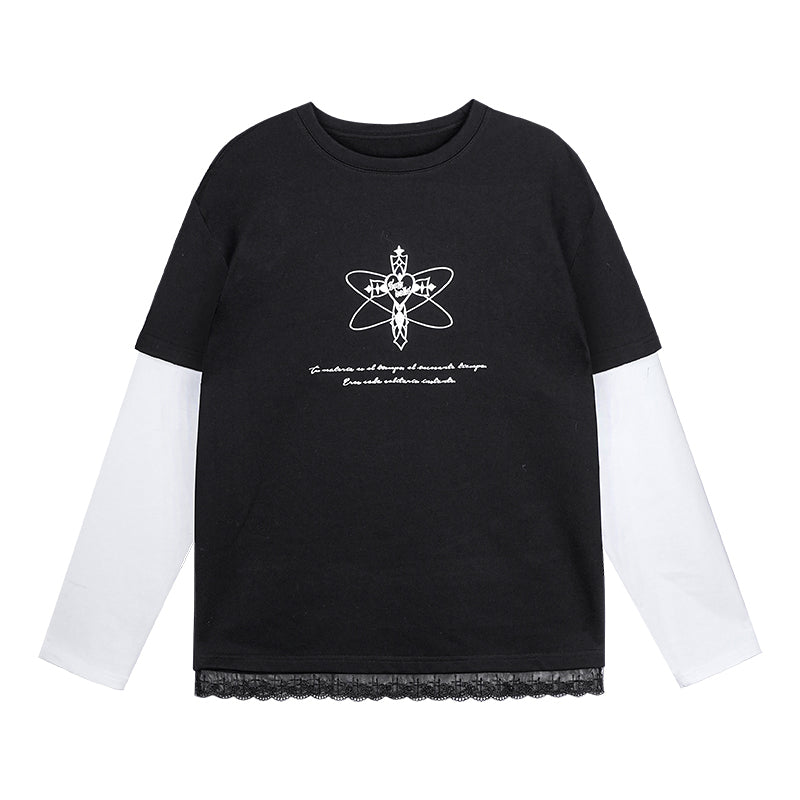 Double Sleeve Grunge Cross Motif T-Shirt