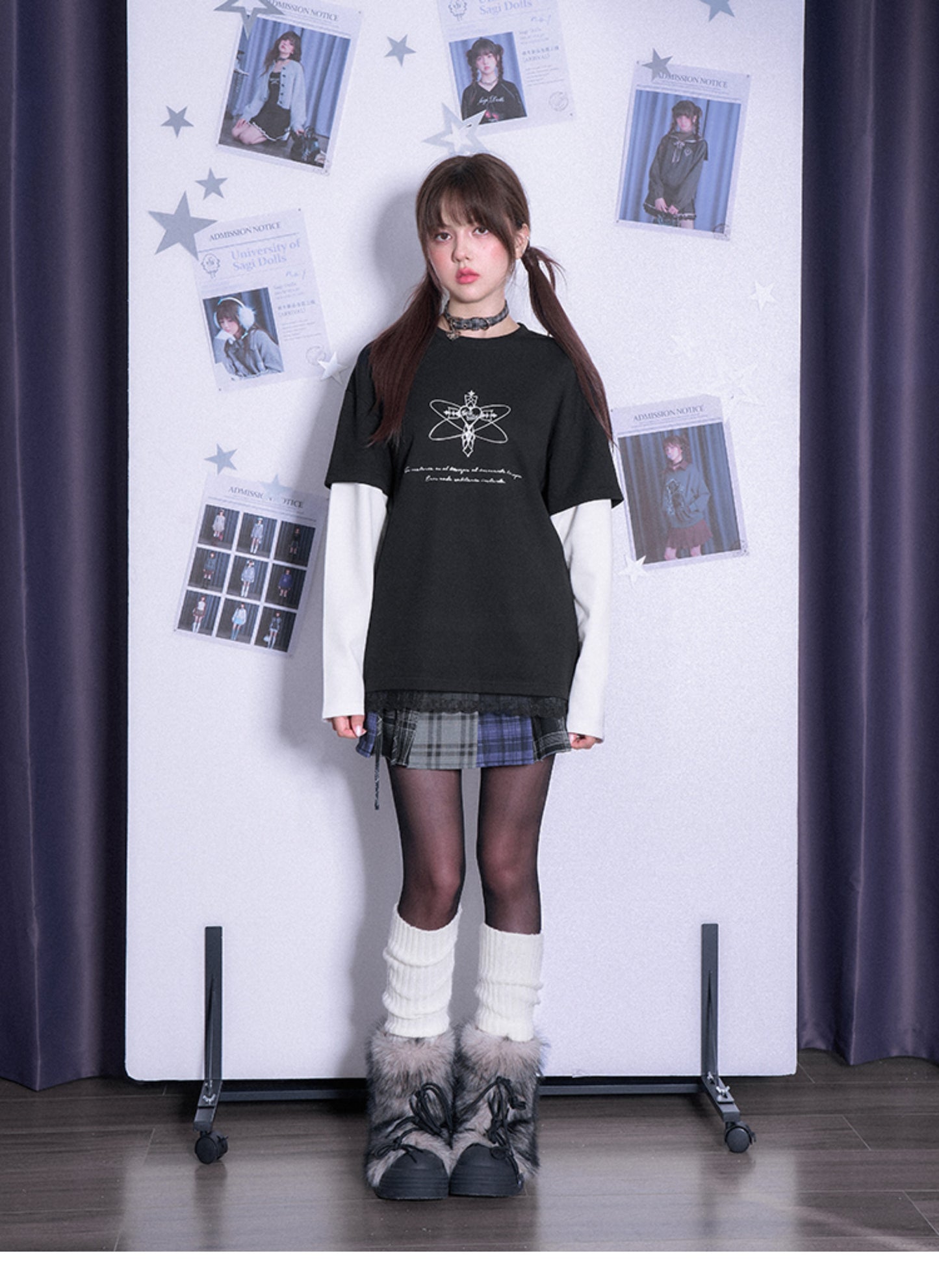 Double Sleeve Grunge Cross Motif T-Shirt