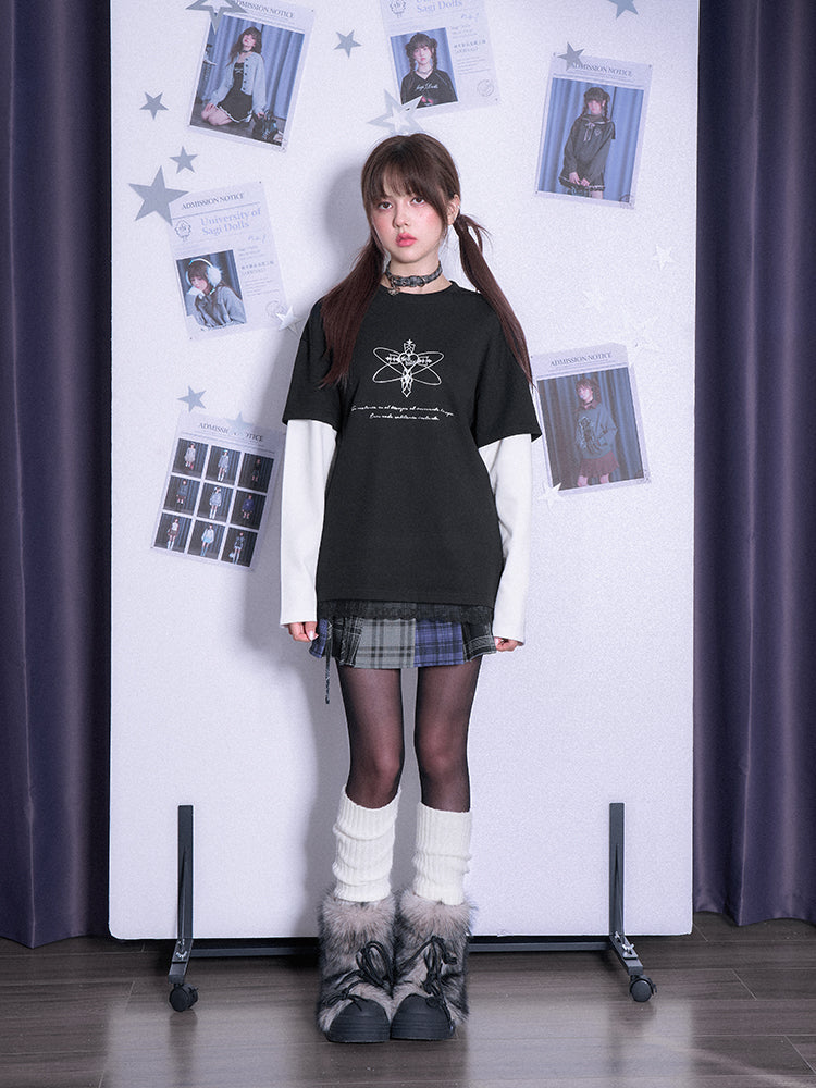 Double Sleeve Grunge Cross Motif T-Shirt