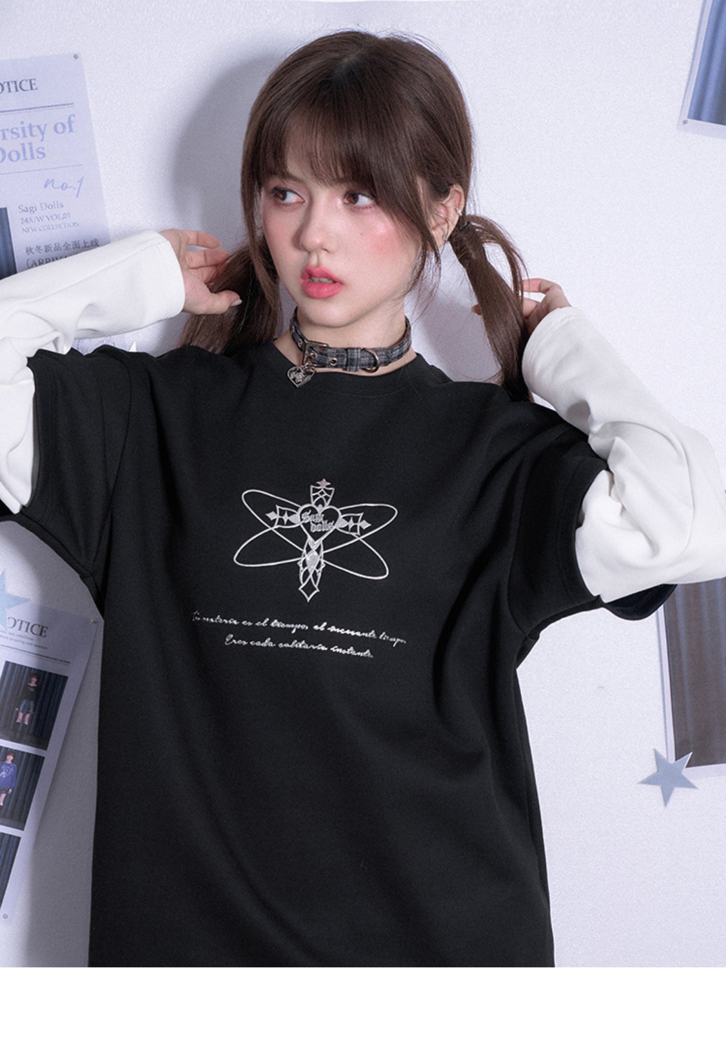 Double Sleeve Grunge Cross Motif T-Shirt