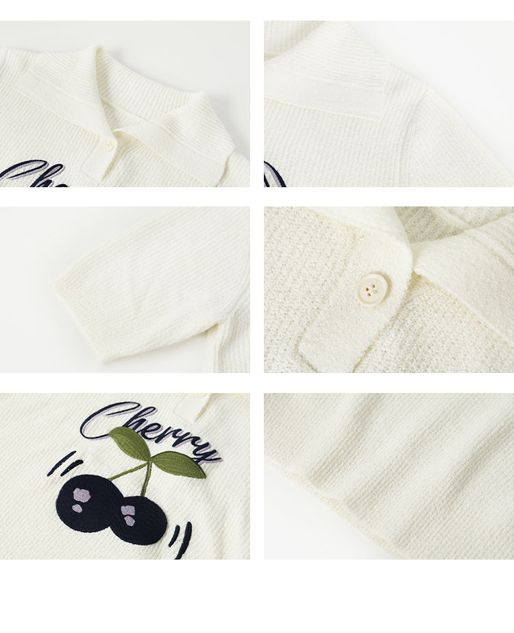 Cherry Motif Short-Sleeve Knit Polo Top