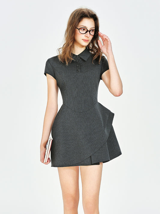 Polo Collar Striped Overlay Shirt Dress