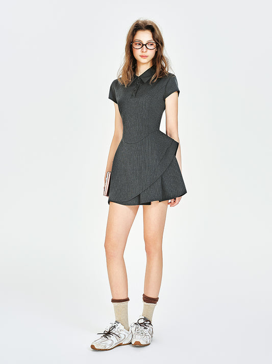 Polo Collar Striped Overlay Shirt Dress