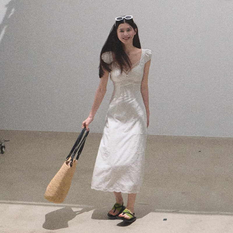 Puff-Sleeve Embroidered Cotton Midi Dress