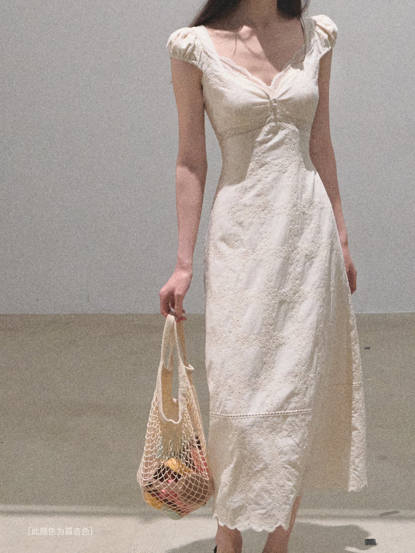 Puff-Sleeve Embroidered Cotton Midi Dress