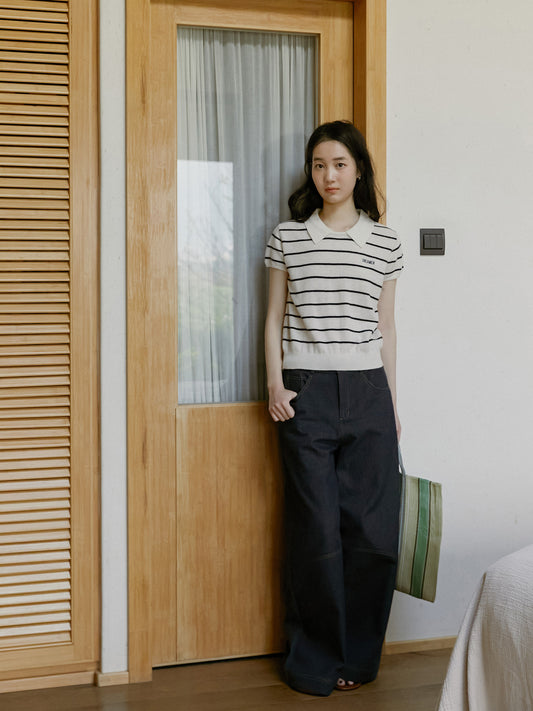 Polo-Collar Striped Wool Knit Top