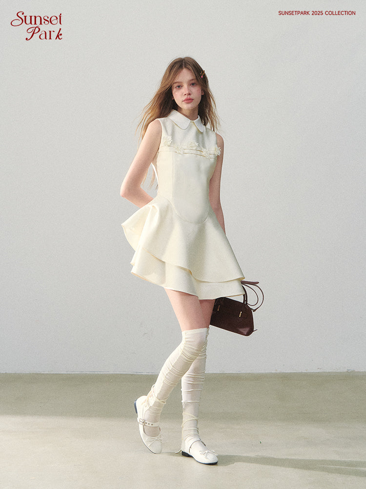 Structured Asymmetric Satin Dress With Peter Pan Collar