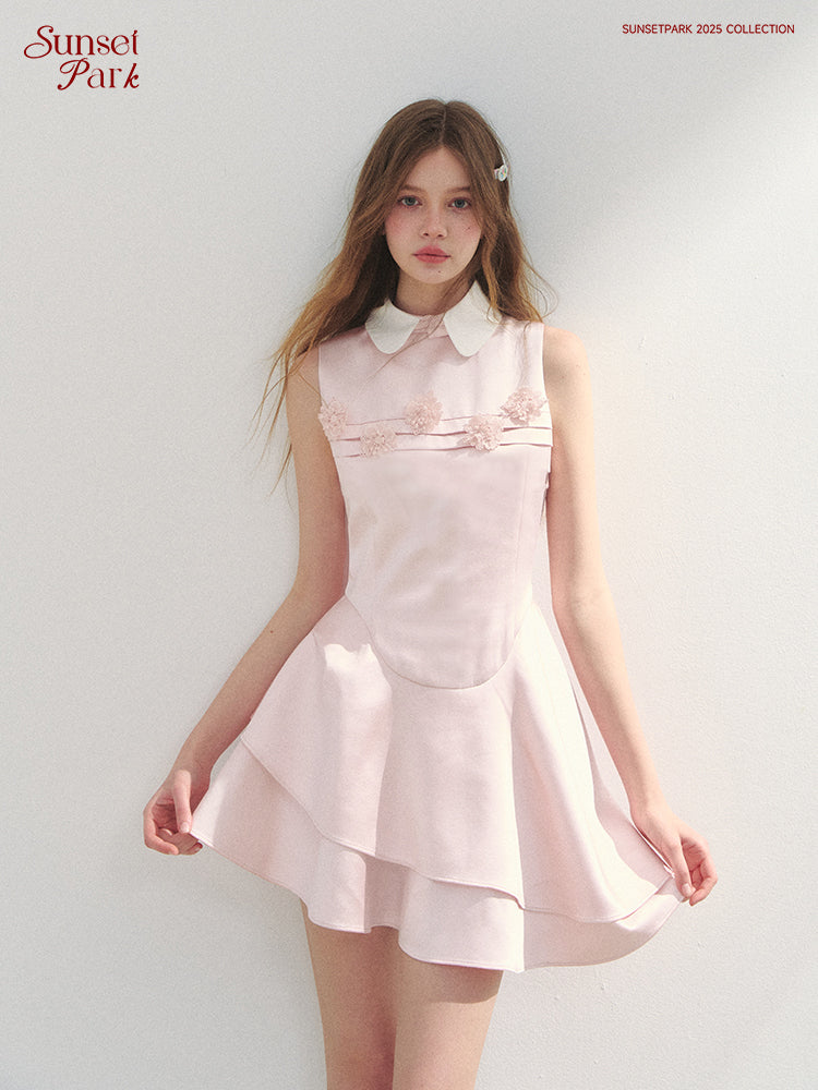 Structured Asymmetric Satin Dress With Peter Pan Collar