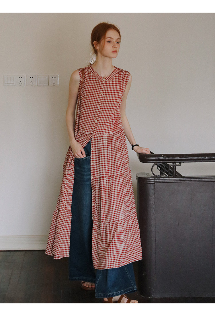 Sleeveless Band-Collar Gingham Seersucker Dress