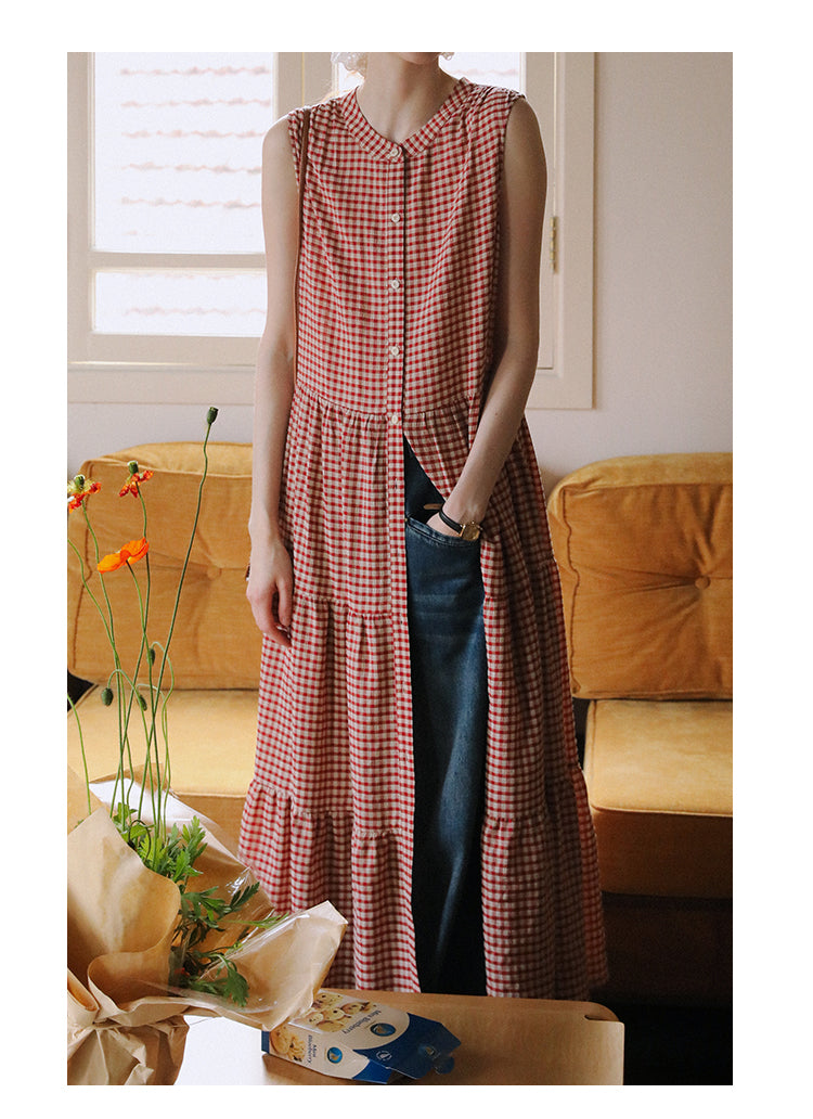 Sleeveless Band-Collar Gingham Seersucker Dress