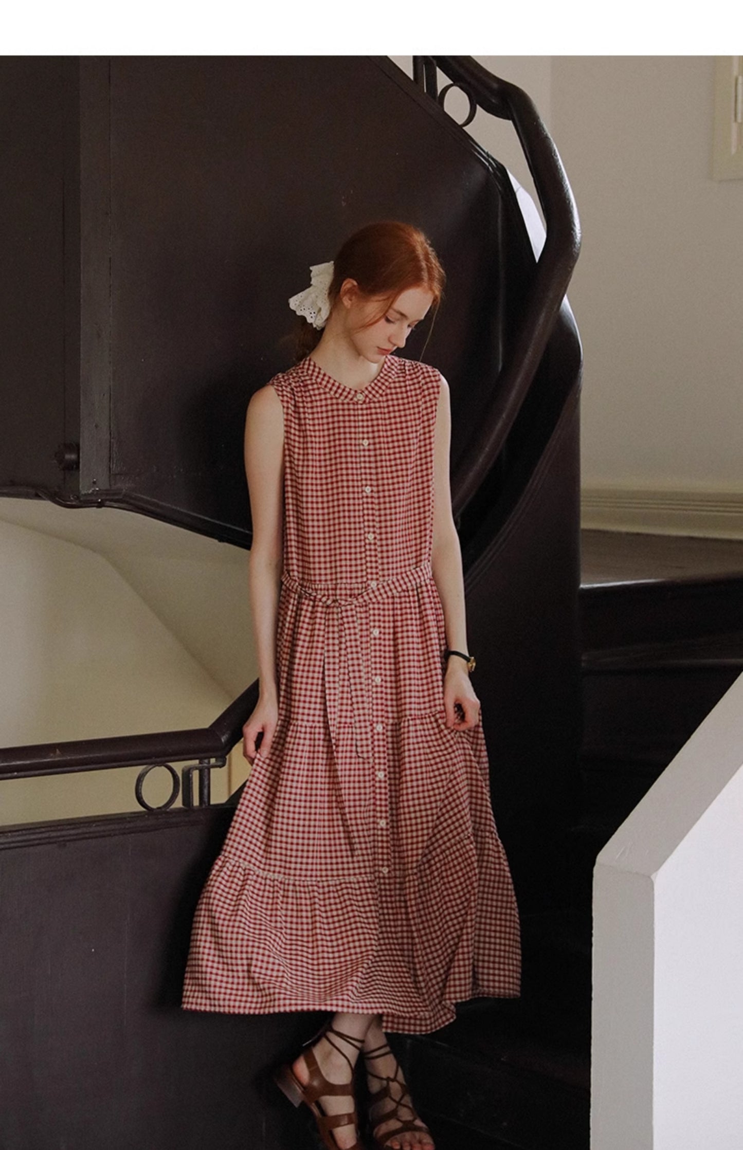 Sleeveless Band-Collar Gingham Seersucker Dress
